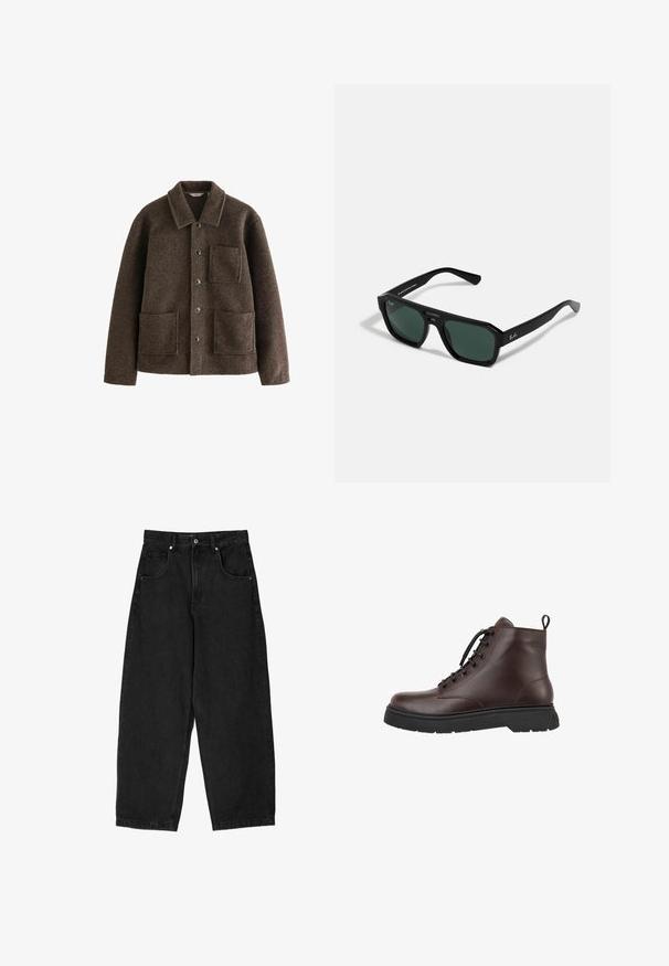 Jachetă din lână maro cu guler, două buzunare frontale și închidere cu nasturi. Are o textură fină și un design cu croială dreaptă.; Tricou negru cu mânecă scurtă, cu decolteu rotund, realizat dintr-un material moale, având o croială lejeră, boxy și un design minimalist.; Pantaloni largi din denim negru cu talie înaltă, dotati cu cinci buzunare, fermoar și închidere cu buton metalic. Textură netedă, detalii minime.; Botină din piele maro, cu vârf rotund, design cu șireturi, talpă din cauciuc negru și buclă pentru tragere la călcâi. Suprafață netedă și detalii minime de cusătură.; Ochelari de soare dreptunghiulari negri cu lentile verzi. Realizați din plastic, cu o formă octogonală și un finisaj neted. Prezintă marca Ray-Ban pe lateral.