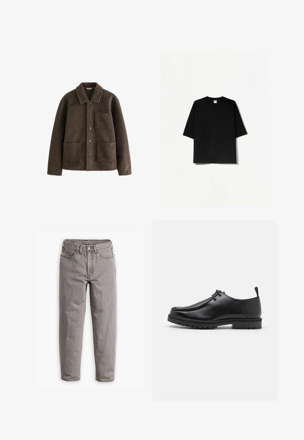 Brun uldjakke med krave, to forlommer og knaplukninger. Har en struktureret overflade og en lige pasform.; Sort kortærmet T-shirt med rund hals, lavet af blødt stof, med en løs, boxy pasform og minimalistisk design.; Grå denim jeans med høj talje, lige ben design, subtil fading, fem lommer og metal knappelukning.; Sort læder snøresko med en robust sål og en pull tab ved hælen, vist fra siden på en hvid baggrund.