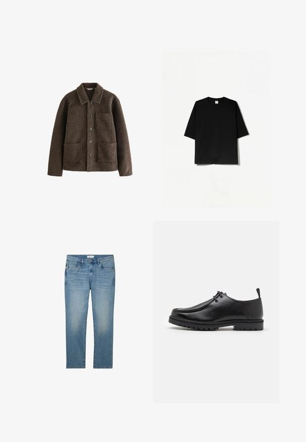 Giacca in lana marrone con colletto, due tasche frontali e chiusure a bottone. Presenta una finitura testurizzata e un design a taglio dritto.; T-shirt nera a maniche corte con scollatura rotonda, realizzata in tessuto morbido, caratterizzata da una vestibilità ampia e quadrata e da un design minimalista.; Jeans in denim blu con un design a gamba dritta, dotati di cinque tasche e una finitura sbiadita. Il tessuto ha una texture liscia e una leggera elasticità.; Scarpa nera in pelle con lacci e suola robusta, con un pratico anello sul tallone, vista di lato su sfondo bianco.