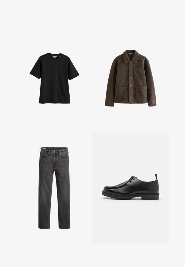 Ruskea villa takki, jossa on kaulus, kaksi etutaskua ja nappikiinnitys. Takissa on teksturoitu pinta ja suora leikkaus.; Musta puuvillapaita lyhyillä hihoilla, pyöreällä kaula-aukolla ja rentolla istuvuudella. Suorahihtoinen pinta, ei näkyviä kuvioita tai yksityiskohtia.; Tummanharmaat farkut, joissa on suora lahje, viisi taskua ja kuparin väriset niitit. Klassinen muotoilu, jossa on lievästi haalistunut pinta.; Musta nahkainen nauhallinen kenkä, jossa on kestävä pohja ja kantapään vetohihna, esitetty sivuprofiilista valkoista taustaa vasten.