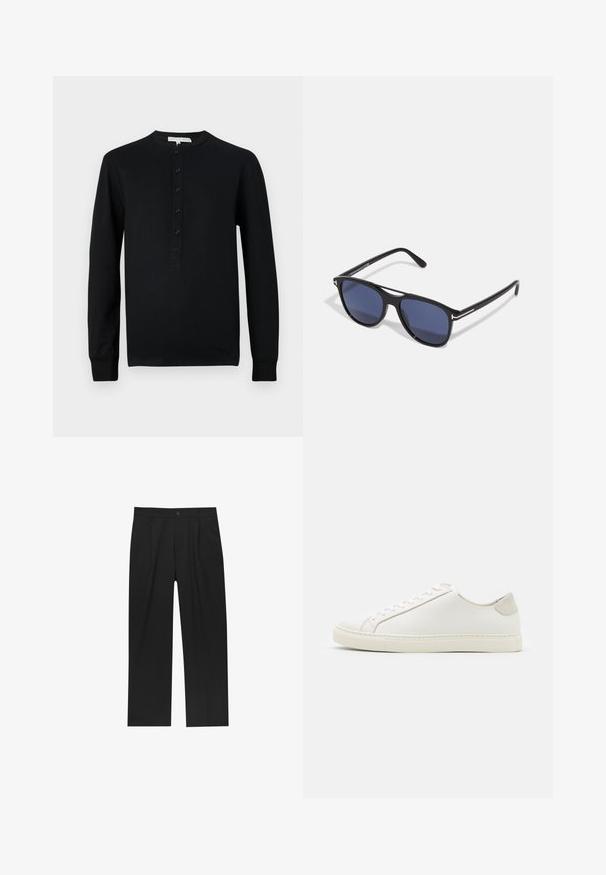 Brązowa wełniana kurtka z kołnierzem, dwiema przednimi kieszeniami i zapięciem na guziki. Charakteryzuje się teksturowanym wykończeniem i prostym krojem.; Czarna, długozasłonięta koszula henley z miękkiej bawełny, z okrągłym dekoltem, przednim zapięciem na guziki i dopasowanymi mankietami.; Czarne spodnie o prostym kroju, wykonane z gładkiego materiału. Posiadają zakładki z przodu i pojedyncze zapięcie na guziki w pasie.; Białe skórzane sneakersy o gładkiej powierzchni, okrągłym nosku i minimalistycznym wzornictwie. Zawierają beżowe akcenty na pięcie oraz gumową podeszwę.; Okulary przeciwsłoneczne z czarną plastikową oprawką, niebieskimi szkłami, lekko zaokrąglonym kształtem oraz srebrnymi metalowymi akcentami na zausznikach.