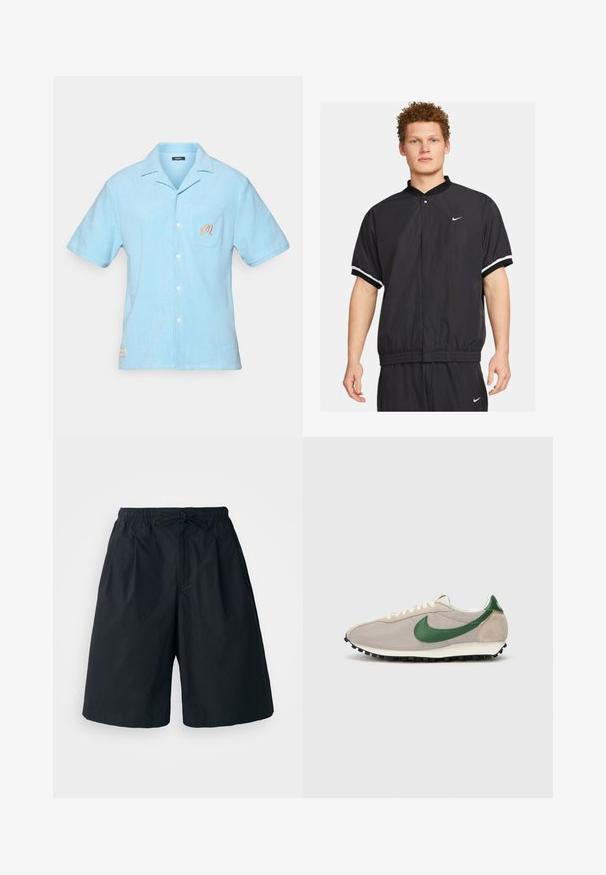 Schwarze Windjacke mit kurzen Ärmeln, elastischem Taillenbund und weißen Streifen an den Bündchen. Verfügt über einen Knopfverschluss und das Nike-Logo.; Helles blaues Kurzarmhemd aus weichem Frottierstoff. Verfügt über einen Kragen, eine Brusttasche mit gesticktem Detail und eine Knopfschließe.; Schwarze Shorts mit elastischem Bund und verstellbarem Kordelzug. Aus einem glatten Stoff gefertigt, mit lockerer Passform und ohne sichtbare Muster.; Beige Laufschuhe mit grünen Wildlederakzenten, strukturiertem Mesh-Obermaterial, cremefarbenen Schnürsenkeln und einer schwarzen Gummisohle mit Traktionsnoppen.