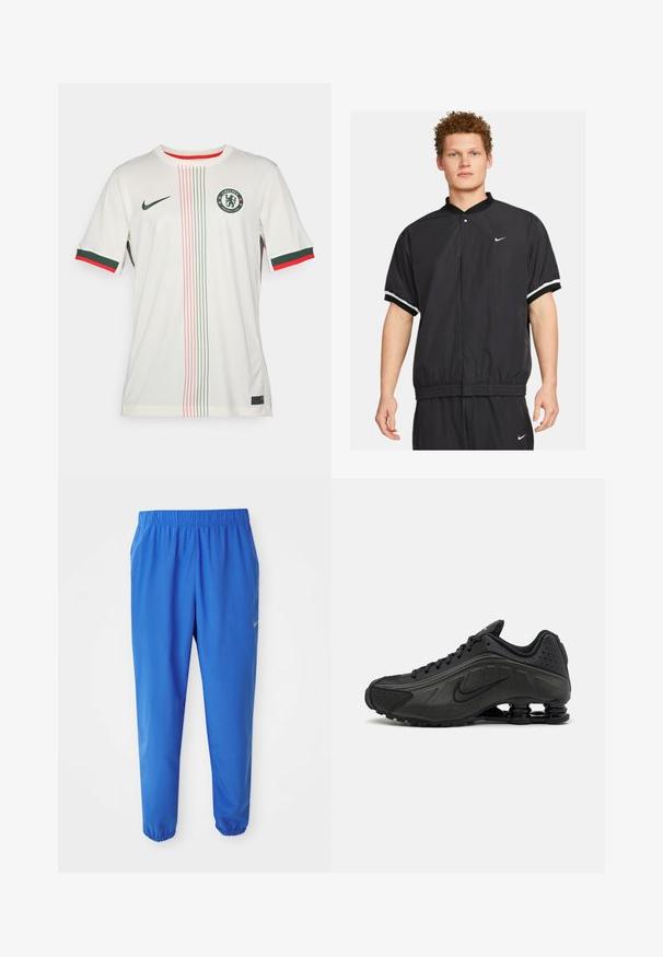 Mustat tuulitakki lyhyillä hihoilla, elastisella vyötäröllä ja valkoisilla raidoilla hihoissa. Varustettu napilla suljettavalla edellä ja Nike-logolla.; Valkoinen jalkapallo-asu lyhyillä hihoilla, vihreät ja punaiset reunukset hihoissa ja kauluksessa, keski-risti, ja pystysuuntaiset värijuovat. Nike-logo läsnä.; Siniset urheiluhousut, joissa on joustava vyötärö, suora lahjesuunnittelu ja kapenevat lahkeet. Oikealla puolella on kultainen Nike-logo.; Mustat juoksukengät, joissa on sileä synteettinen päällinen, rei'itetyt yksityiskohdat, teksturoidut sivupaneelit ja erottuva joustava pohja.