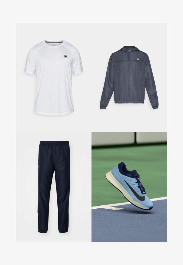 Mornarsko modra vetrovka iz lahkega materiala, z zadrgo spredaj, elastičnimi manšeti in majhnim zelenim logotipom na prsih.; Bela atletska majica s kratkimi rokavi, okroglo izrezano ovratnikom in majhnim pravokotnim logotipom Fila v rdeči, modri in črni barvi na zgornjem levem prsnem delu.; Mornarske trenirke iz lahko tkanine, z elastiko v pasu in na robovih, ter z akcentom logotipa na strani za detajl.; Svetlo modra športna čevlja z mornarsko modrimi poudarki, teksturirano mrežasto zgornjo plastjo in črnim logotipom Swoosh. Imajo oblazinjen srednji del in gumijast podplat.