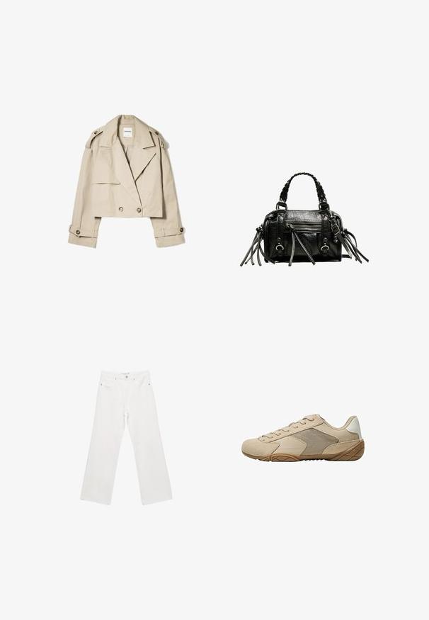 Beige lyhytripallinen trench-coat, joka on valmistettu kevyestä kankaasta. Siinä on kaksirivinen etuosa, suuret kaulukset ja napilla suljettavat hihansuut.; Harmaa raidallinen villapaita, jossa on leveät mustat raidat, olkapäät paljastava kaula-aukko sekä ribbireunat hihansuissa ja helmassa. Pehmeä neuletekstuuri ja lyhennetty malli.; Valkoiset farkkukankaiset leveälahkeiset housut, joissa on klassinen viisi-taskumalli, metalliosat ja kontrastivärinen ompelu. Sujuva pinta ja rento istuvuus.; Vaahto-harmaa urheilukenkä, jossa on mokkanahkainen ja verkkomainen yläosa, teksturoitu kumipohja ja litteät nauhat. Sileät yksityiskohdat kantapäässä ja pyöristetty nenädesign.; Musta nahkalaukku, jossa on punotut kahvat, teksturoitu pinta, vetoketjullinen etutasku ja koristeelliset fringes-akoristeet. Kompakti ja jämäkkä muoto.