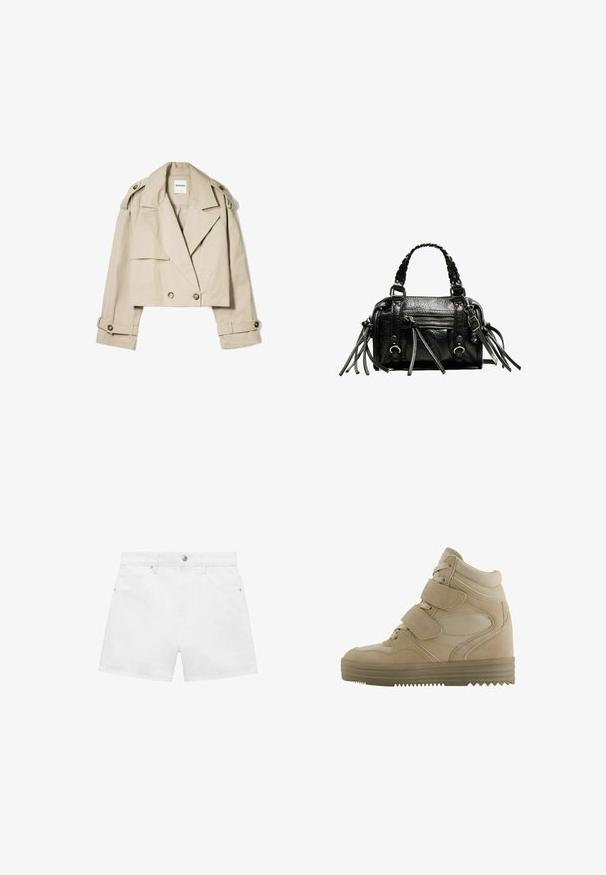 Beige cropped trench coat made of lightweight fabric, featuring a double-breasted front, large lapels, and buttoned cuffs.; Gray striped sweater featuring wide black stripes, an off-shoulder neckline, and ribbed cuffs and hem. Soft knit texture with a cropped design.; White denim shorts with a four-pocket design, featuring a front button and zipper closure, displayed against a plain background.; Beige high-top sneakers with a suede and mesh design, adjustable Velcro straps, and a thick rubber sole featuring a zigzag pattern.; Black leather handbag with braided handles, textured surface, zippered front pocket, and decorative fringe accents. Compact and structured shape.