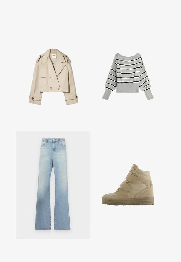 Beige lyhytripallinen trench-coat, joka on valmistettu kevyestä kankaasta. Siinä on kaksirivinen etuosa, suuret kaulukset ja napilla suljettavat hihansuut.; Harmaa raidallinen villapaita, jossa on leveät mustat raidat, olkapäät paljastava kaula-aukko sekä ribbireunat hihansuissa ja helmassa. Pehmeä neuletekstuuri ja lyhennetty malli.; Vaaleansinisiä leveälahkeisia farkkuja, joissa on korkeaa vyötäröä, vetoketju ja nappi, sekä haalistunut pesu, jossa on hienovaraisia tekstuurivaihteluita.; Beige korkeavartiset tennarit, joissa on nahka- ja verkkomateriaali, säädettävät tarranauhat sekä paksu kumipohja, jossa on sahalaitakuvio.