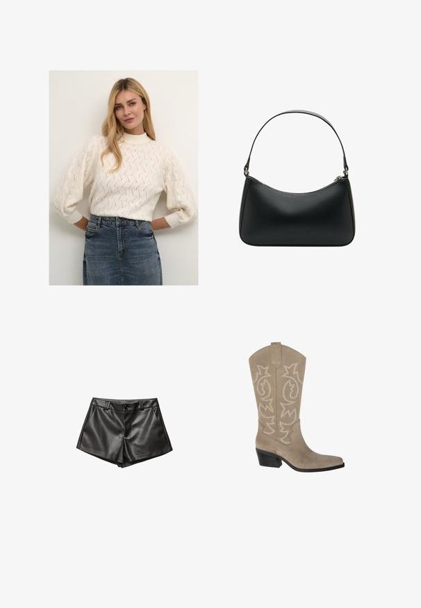Bežna skrajšana trench jakna iz lahkega materiala, z dvojnim zapenjanjem spredaj, velikimi ovratniki in gumbi na manšetah.; Kremno obarvano pleteno pulover z visokim ovratnikom in napihnjenimi rokavi, z teksturirano vzorcem. Vparen z jeans krilom.; Crne usnjene kratke hlače z oblikovano zasnovo, stranskimi žepi, sprednjim gumbom in gladkim, svetlečim videzom.; PULL&BEAR Škornji v kavbojskem/motorističnem slogu - taupe; Črna usnjena torba za ramo s ukrivljeno obliko, enojnim ravnim trakom in zgornjim zadrgo. Gladka tekstura z minimalnimi podrobnostmi snemalnikov.