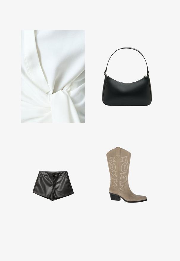 Beżowy krótki trencz z lekkiego materiału, z podwójnym zapięciem z przodu, dużymi klapami i mankietami zapinanymi na guziki.; Biała bluzka z wiązaniem w talii, o gładkiej fakturze i lekkim, luźnym kroju. Widoczne szwy.; Czarne skórzane szorty o dopasowanym kroju, z bocznymi kieszeniami, z przodem zapinanym na guzik oraz gładką, błyszczącą teksturą.; PULL&BEAR - Kowbojki i obuwie motocyklowe; Czarna skórzana torba na ramię o zakrzywionym kształcie, z pojedynczym płaskim paskiem i zamknięciem na zamek błyskawiczny u góry. Gładka tekstura z minimalnymi detalami metalowymi.