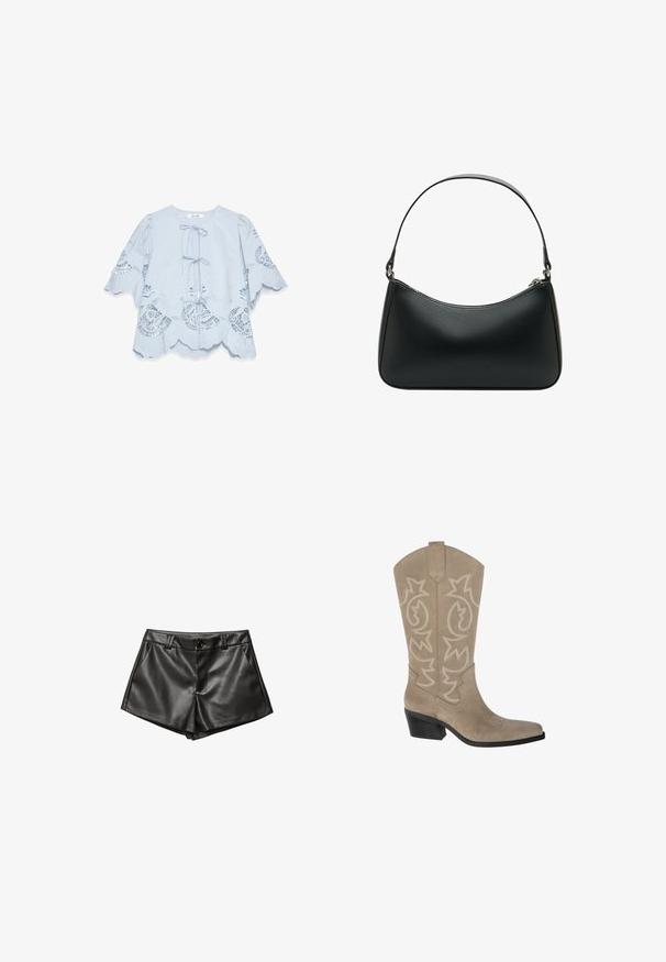 Beige kort trenchcoat i lätt tyg, med dubbelknapprad fram, stora kragar och knäppa muddar.; Ljusblå blus med en scallop-fåll och spetsdetaljer. Har en knytframslutning och utsvängda ärmar. Mjuk tyg och intrikata mönster.; Svarta lädershorts med skräddarsydd design, sidfickor, framknappstängning och slät, glansig yta.; PULL&BEAR Cowboy- / Bikerboots - taupe; Svart läderaxelväska med en böjd form, enkel platt rem och dragkedja upptill. Slät yta med minimala detaljer i metall.