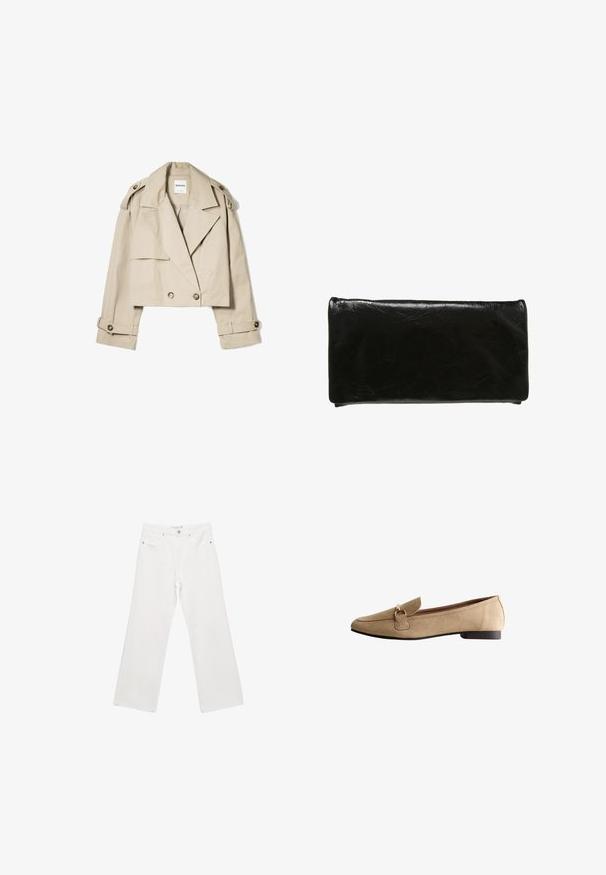 Manteau trench cropped beige en tissu léger, avec un devant croisé, de grands revers et des poignets boutonnés.; T-shirt blanc à manches courtes en coton lisse. Doté d'un col rond et d'une coupe droite, sans motifs ni ornements.; Pantalons en denim blanc à larges jambes avec un design classique à cinq poches, matériel en métal et coutures contrastées. Texture lisse et coupe décontractée.; Mocassins en daim beige avec un orteil arrondi, semelle noire plate et un accent en métal doré à l'avant. Texture lisse sur l'ensemble de la chaussure.; Porte-monnaie noir en cuir texturé, présentant une forme rectangulaire avec une finition lisse et sans matériel ni accents visibles.; Collier en chaîne dorée avec un design lisse et plat ; dispose d'un fermoir sécurisé et d'une longueur ajustable avec une extension de chaîne.