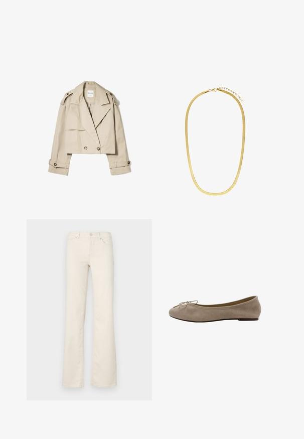 Beige gecropte trenchcoat van lichtgewicht stof, met een dubbel doorlopende knopenlijst, grote revers en knoopmanchetten.; Witte T-shirt met korte mouwen, gemaakt van gladde katoen. Voorzien van een ronde halslijn en een rechte snit, zonder patronen of versieringen.; Beige flared broeken van een katoenmix, met standaardzakken, een knoopsluiting aan de voorkant en stikdetails langs de naden.; Beige suède platte schoen met een ronde neus, een decoratieve strik aan de voorkant en een subtiele elastische rand rondom de opening. Lage zool.; Gouden ketting met een glad, plat ontwerp; heeft een veilige sluiting en een verstelbare lengte met een kettingverlenging.