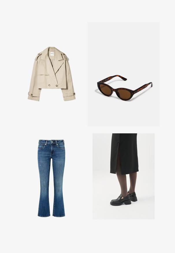 Beige lyhytripallinen trench-coat, joka on valmistettu kevyestä kankaasta. Siinä on kaksirivinen etuosa, suuret kaulukset ja napilla suljettavat hihansuut.; Valkoinen, pitkähihainen t-paita pehmeästä puuvillasta, jossa on pyöreä pääntie ja pudotetut olkapäät, rento istuvuus ilman näkyviä kuvioita.; Farkku leveälahkeiset housut keskipunaisena, joissa on haalistunut viimeistely. Ominaisuuksiin kuuluvat viisi taskua, vyölenkit ja kontrastivärinen ommel saumoissa.; Mustat nahkakengät pyöreällä kärjellä, paksulla lohkopohjalla ja joustavilla sivuakkesseilla, yhdistettynä tummiin sukkahousuihin ja mustaan hameeseen, jossa on halkio.; Ruske tortoiseshell sunčane naočale s vintage mačkastim oblikom i smešnim sočivima. Ima zakrivljene okvire s crvenim akcentima.; Pieni kerma beige käsilaukku, jossa on teksturoitu pinta, pitkä säädettävä olkahihna, ketjua korostava yksityiskohta ja läppälukko. Kultaista metalliosaa.; Kultaketjut kullasta, joissa on sileä, kiiltävä pinta. Pyöreä muotoilu, jossa on pieni tappi ja kirkas taustalevy turvalliseen käyttöön.