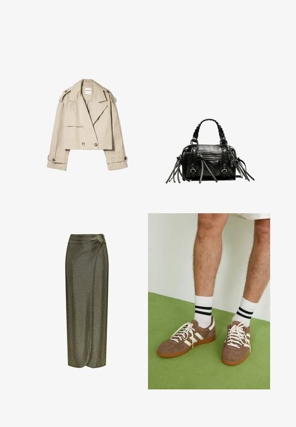 Beige taillierte Trenchcoat aus leichtem Stoff, mit doppelter Knopfleiste, großen Revers und geknöpften Manschetten.; Marineblaue Baumwoll-T-Shirt mit kurzen Ärmeln und Rundhalsausschnitt. Mit einem kleinen roten gestickten Logo auf der linken Brust.; Metallic olivengrüner Midi-Rock mit einem geknoteten Taillen-Detail, hergestellt aus einem schimmernden, elastischen Stoff, der sanft fällt.; Braune Wildleder-Sneaker mit weißen Akzenten und Schnürsenkeln. Gummisohle in Kautschuk-Optik. Getragen mit weißen Socken, die schwarze Streifen haben. Grüner strukturierter Fußboden.; Schwarze Lederhandtasche mit geflochtenen Tragegriffen, texturiertem Oberflächen, einem Reißverschluss-Frontfach und dekorativen Fransenakzenten. Kompakte und strukturierte Form.