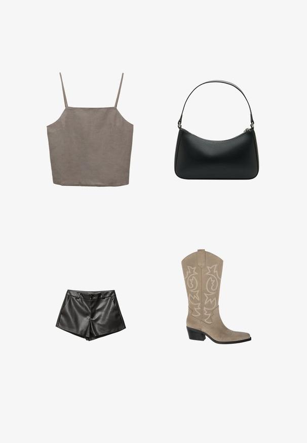 Bežna skrajšana trench jakna iz lahkega materiala, z dvojnim zapenjanjem spredaj, velikimi ovratniki in gumbi na manšetah.; Siva brezrokavna majica s tankimi naramnicami, ki ima sproščen kroj in je narejena iz lahkega materiala. Gladka tekstura z rahlim sijajem.; Crne usnjene kratke hlače z oblikovano zasnovo, stranskimi žepi, sprednjim gumbom in gladkim, svetlečim videzom.; PULL&BEAR Škornji v kavbojskem/motorističnem slogu - taupe; Črna usnjena torba za ramo s ukrivljeno obliko, enojnim ravnim trakom in zgornjim zadrgo. Gladka tekstura z minimalnimi podrobnostmi snemalnikov.