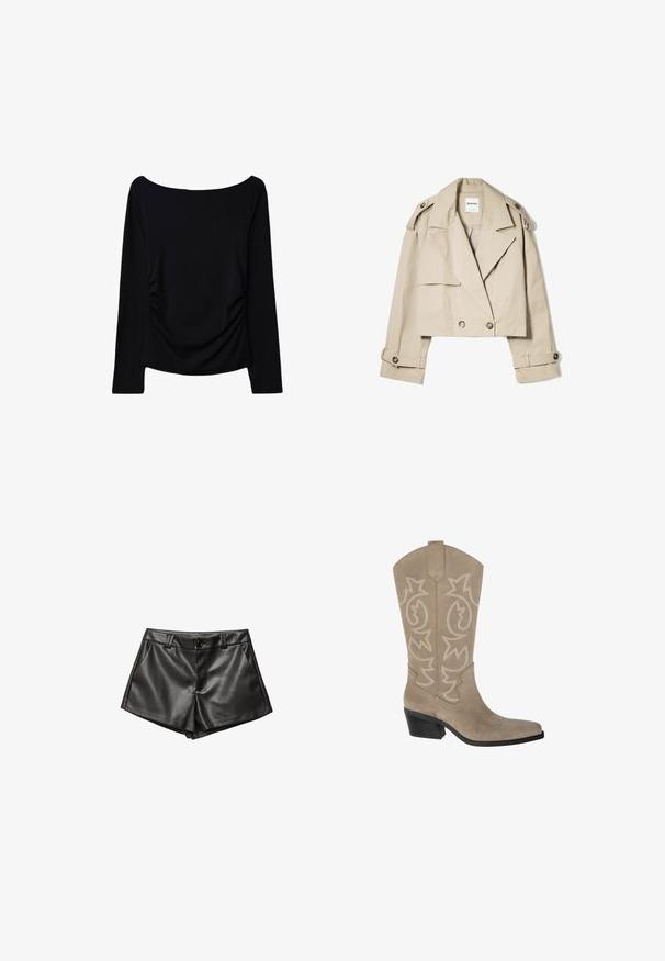Beige cropped trenchcoat lavet af letvægtsstof, med en dobbeltradet front, store reverser og knappede ærmer.; Sort langærmet top med off-the-shoulder halsudskæring, med sideløft for ekstra tekstur og et glat, strækbart materiale.; Sorte lædershorts med skræddersyet design, sidelommer, frontlukning med knap og glat, blank overflade.; PULL&BEAR Cowboy- / bikerstøvler - taupe