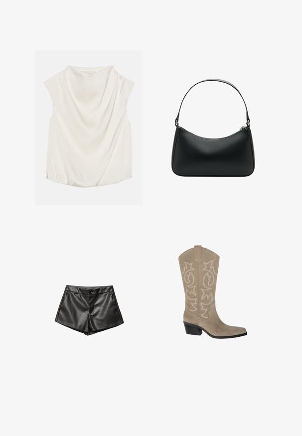 Beige taillierte Trenchcoat aus leichtem Stoff, mit doppelter Knopfleiste, großen Revers und geknöpften Manschetten.; Anna Field Bluse - off-white; Schwarze Lederhorts mit maßgeschneidertem Design, seitlichen Taschen, einer vorderen Knopfverschlüsse und glatter, glänzender Textur.; PULL&BEAR Cowboy-/Bikerboot - taupe; Schwarze Leder-Schultertasche mit geschwungener Form, einem flachen Tragegurt und einem oberen Reißverschluss. Glatte Textur mit minimalen Hardwaredetails.