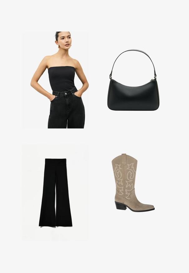 Manteau trench cropped beige en tissu léger, avec un devant croisé, de grands revers et des poignets boutonnés.; Top noir sans bretelles en tissu lisse associé à un jean foncé taille haute avec poches latérales et fermeture à bouton.; Pantalon évasé noir avec une coupe large, présentant une texture lisse et une taille haute. Fabriqué en tissu extensible pour le confort.; PULL&BEAR Bottes de cowboy / motard - taupe; Sac à bandoulière en cuir noir avec une forme arrondie, une seule sangle plate et une fermeture éclair supérieure. Texture lisse avec des détails matériels minimalistes.