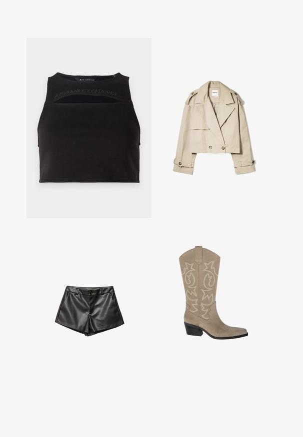 Beige lyhytripallinen trench-coat, joka on valmistettu kevyestä kankaasta. Siinä on kaksirivinen etuosa, suuret kaulukset ja napilla suljettavat hihansuut.; Musta lyhyt toppi, joka on valmistettu sileästä kankaasta, jossa on aukko-yksityiskohtia ja edessä logo niitillä kirjottuna. Yksinkertainen, urheilullinen siluetti.; Mustat nahkahousut, joissa on räätälöity muotoilu, sivutaskut, etupainike ja sileä, kiiltävä pinta.; PULL&BEAR Biker-/cowboysaappaat - taupe