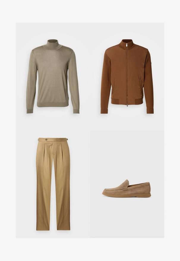 Burgundijas bomberis ar gludu auduma priekšpusi, ribotām adītām piedurknēm un apkakli, divām sānu kabatām un rāvējslēdzēja priekšējo aizdari.; Beige augstais apkakles džemperis, izgatavots no plāna, ribota auduma. Garas piedurknes ar pieguļošām aprocēm un taisnu apakšmalu. Vienkāršs dizains, bez rakstiem.; Bēša krāsas bikses ar taisnu piegriezumu, ar krokām, pogas aizdari un jostas cilpām. Gluda auduma ar tīru, šūtu izskatu.; Brūni zamšaini slīdneši ar gludu tekstūru un stitched detaļām; aprīkoti ar gumijas zoli, lai nodrošinātu saķeri.