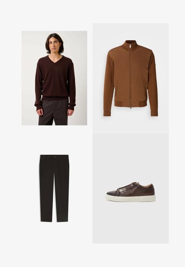 Giacca bomber marrone con una parte anteriore in tessuto liscio, maniche e colletto in maglia a coste, dotata di due tasche laterali e chiusura con zip.; Maglione marrone a V in morbido materiale con maniche lunghe e polsini a coste. Abbinato a pantaloni scuri e larghi. Design semplice ed elegante.; Pantaloni neri con un design a gamba dritta, realizzati in un tessuto liscio. Presentano una chiusura con bottone e tasche frontali. Senza motivi o accenti visibili.; Sneaker in pelle marrone con punta arrotondata, suola in gomma bianca a contrasto, dettagli cuciti e nessun lace visibile. Texture complessiva liscia.