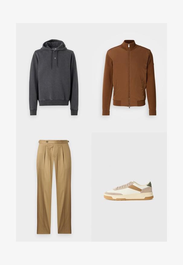 Rjava bomberska jakna z gladkim sprednjim delom, rebrastimi pleteninami na rokavih in ovratniku, dvema stranskima žepoma ter zadrgo spredaj.; Kapuca sweatshirt v temno sivi barvi, izdelan iz mešanice mehkega bombaža. Ima kengurujsk žep, rebraste manšete in majhen logotip na prsih.; Bež hlače s pravim krojem, z naborki, zapiranjem na gumb in zankami za pas. Gladek material s čistim, krojenim videzom.; Superge v bež, kremni in olivno zeleni barvi, izdelane iz semiša in usnja, z okroglo kapico, minimalističnim dizajnom in gumijastim podplatom.