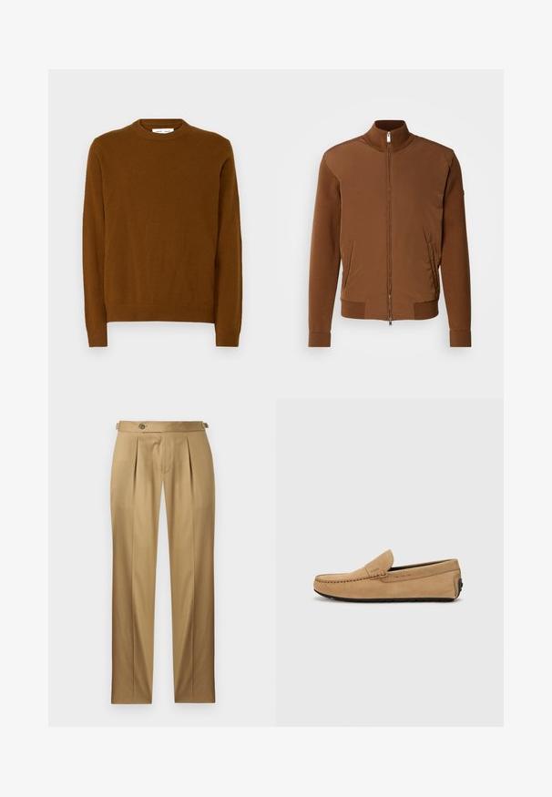 Braune Bomberjacke mit glattem Stofffront, gerippten Strickärmeln und -kragen, zwei seitlichen Taschen und einem Reißverschluss vorne.; Brauner Strickpullover mit Rundhalsausschnitt, langen Ärmeln, gerippten Bündchen und Saum. Weiche Textur mit glatter Oberfläche.; Beige Hose mit geradem Schnitt, versehen mit Abnähern, einem Knopfverschluss und Gürtelschlaufen. Glatter Stoff mit einem sauberen, maßgeschneiderten Aussehen.; Beige Wildleder-Mokassinschuh mit gestickter Zehenpartie, im Slip-On-Design und schwarzer Gummisohle. Besitzt dezente Markenkennzeichnung an der Seite.