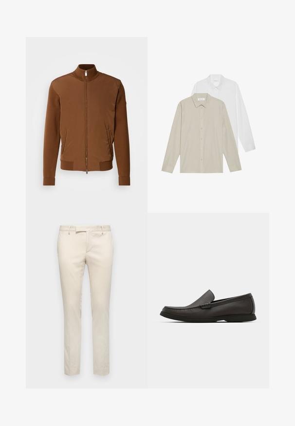 Barna bomberdzseki sima anyagú elülső résszel, bordás kötött ujjaival és gallérjával, két oldalsó zsebbel és cipzáras elülső nyitással.; Két hosszú ujjú ing: az egyik fehér anyagból készült, a másik bézs színű, vékony függőleges csíkokkal. Mindkettő gombos gallérral és mandzsettával rendelkezik.; Sima anyagból készült bézs szabott nadrág. Karcsú fazon, lapos elülső rész és oldalsó zsebek jellemzik. Minimalista stílus, díszítések nélkül.; Sötétbarna bőr loaferek lekerekített orral, finom varrási részletekkel és alacsony gumitalppal. Simára csiszolt felszín, rugalmas illeszkedéssel.