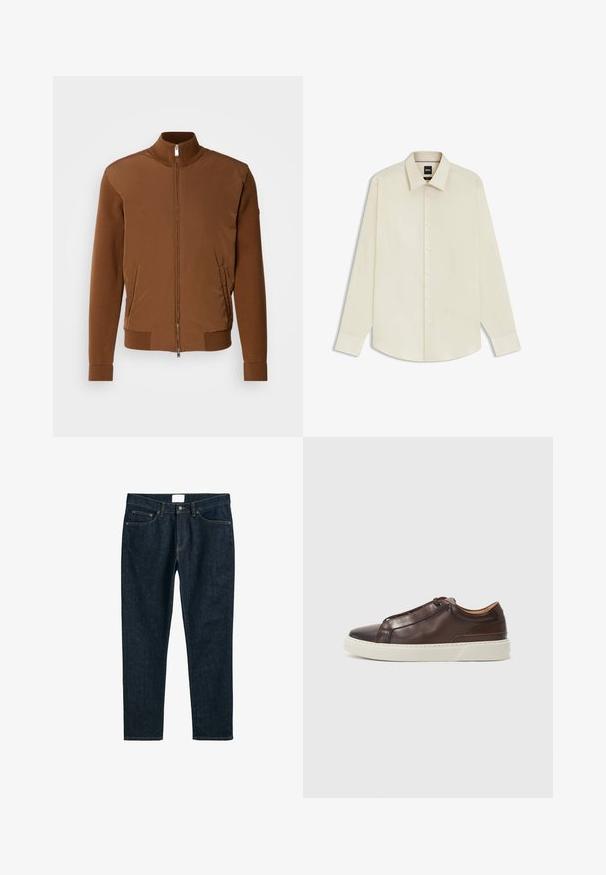 Giacca bomber marrone con una parte anteriore in tessuto liscio, maniche e colletto in maglia a coste, dotata di due tasche laterali e chiusura con zip.; BOSS JOE KENT - Camicia elegante - open white eleven; Jeans in denim blu scuro, vestibilità dritta, con cinque tasche, chiusura a bottoni e cuciture a contrasto. Texture liscia con un design classico.; Sneaker in pelle marrone con punta arrotondata, suola in gomma bianca a contrasto, dettagli cuciti e nessun lace visibile. Texture complessiva liscia.
