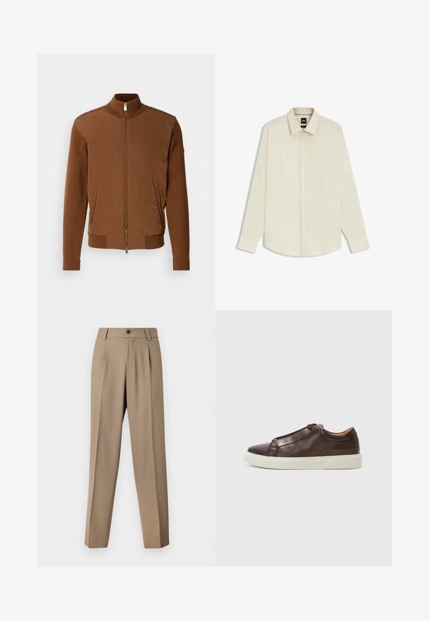 Brown bomber jacket featuring a smooth fabric front, ribbed knit sleeves and collar, with two side pockets and a zip front closure.; BOSS JOE KENT - Formal shirt - open white eleven; Beige tailored trousers with a flat front, structured waistband, and a single button closure. The fabric is smooth and slightly textured.; Brown leather sneaker with a rounded toe, contrasting white rubber sole, stitched accents, and no visible laces. Smooth texture overall.
