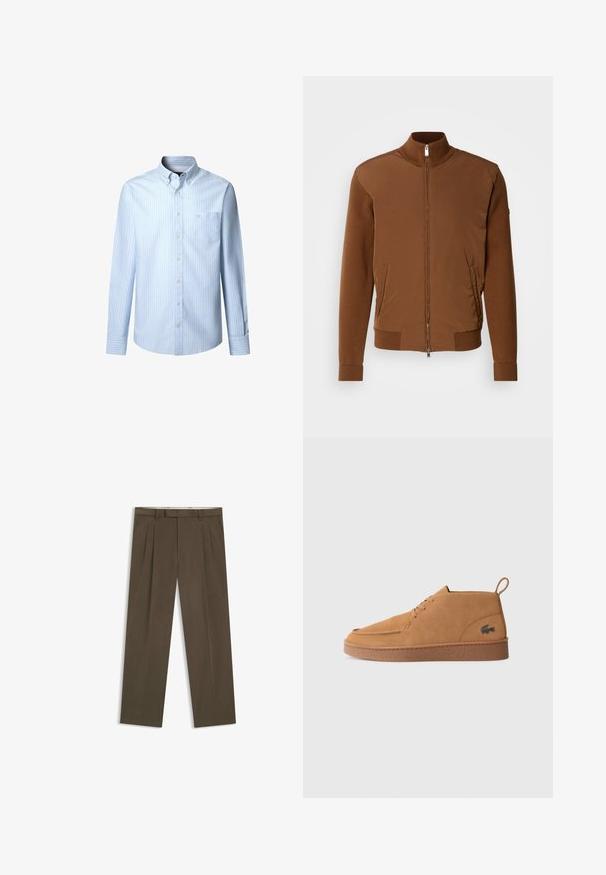 Ruskea pommikonejakku, jossa on sileä kangas etuosa, ribattu neulehihnat ja kaulus, kaksi sivutaskua sekä vetoketjukiinnitys edessä.; Vaaleansininen pitkähihaine paita, jossa on ohuita valkoisia raitoja, napillinen kaulus, etutasku ja napitus. Silkkinen puuvillamateriaali.; Ruske pleated hameet, valmistettu puuvilla-sekoitekankaasta. Ominaisuuksia ovat suora leikkaus, vyölenkit ja sivutaskut. Sileä pinta, jossa on minimaalinen yksityiskohtaisuus.; Bruna suede kengät nilkkamallilla, jossa on kumipohja ja vetotappi, ja sivussa on allekirjoituskrokotiililogot.