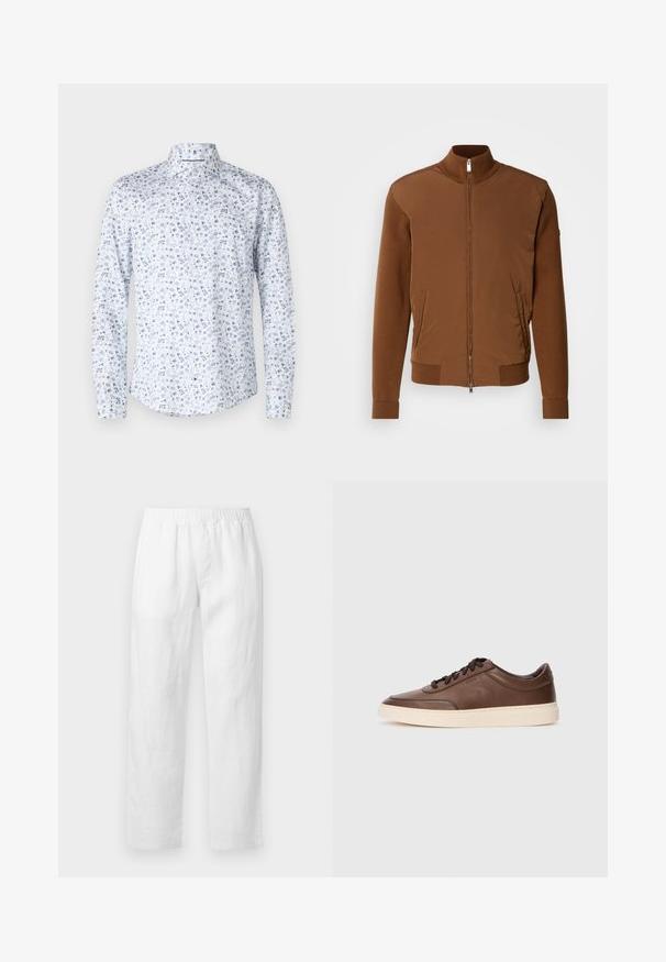 Braune Bomberjacke mit glattem Stofffront, gerippten Strickärmeln und -kragen, zwei seitlichen Taschen und einem Reißverschluss vorne.; Langärmliges Hemd aus hellblauem Stoff mit floralem Muster in dunkleren Blautönen, klassischem Kragen und knöpfbarem Frontverschluss.; Weiße Leinenhose mit elastischem Bund, geradem Bein und weicher Textur ohne sichtbare Muster oder Verzierungen.; Braune Ledersneaker mit glatter Oberfläche, runder Zehenpartie und cremefarbener Gummisohle. Ausgestattet mit schwarzen Schnürsenkeln und dezentem Branding an der Seite.