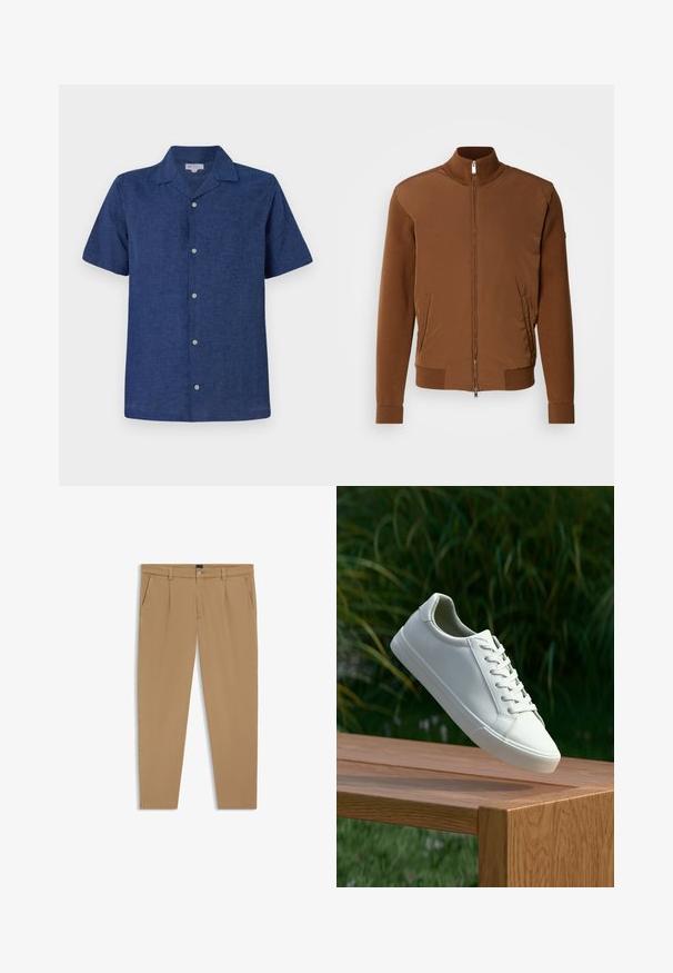 Brown bomber jacket featuring a smooth fabric front, ribbed knit sleeves and collar, with two side pockets and a zip front closure.; Short-sleeve, navy blue shirt made of breathable fabric, featuring a collar, functional buttons, and a slightly textured finish.; Beige trousers featuring a smooth texture, straight-cut design, front pockets, and a button closure at the waist.; White lace-up sneaker hovering above wooden bench with green foliage in the background, showcasing shoe design and texture.