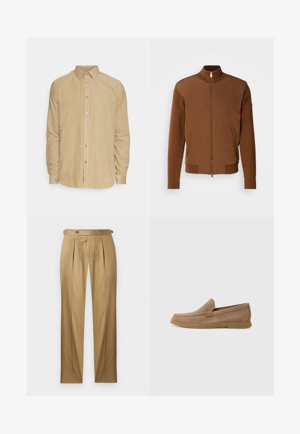 Giacca bomber marrone con una parte anteriore in tessuto liscio, maniche e colletto in maglia a coste, dotata di due tasche laterali e chiusura con zip.; Camicia di velluto a coste beige a maniche lunghe con colletto button-down e bottoni sul davanti, esposta su uno sfondo bianco.; Pantaloni beige con vestibilità dritta, caratterizzati da pinces, chiusura con bottone e passanti per cintura. Tessuto liscio con un aspetto pulito e sartoriale.; Mocassini slip-on in suede marrone con una texture liscia e dettagli cuciti; presentano una suola in gomma per una migliore aderenza.