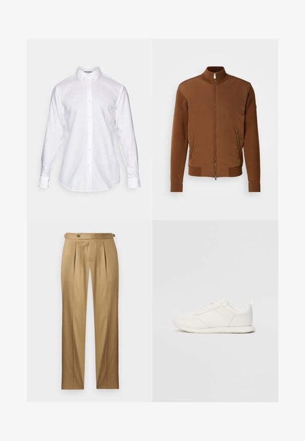 Hnědá bomber bunda s hladkým předním dílem, žebrovanými pletenými rukávy a límcem, dvěma bočními kapsami a zipem na přední části.; Bílá košile na knoflíky s klasickým límečkem, dlouhými rukávy a rovnými lemy. Vyrobena z hladké tkaniny s viditelným švem a knoflíky.; Béžové kalhoty s přímým střihem, které mají záhyby, zapínání na knoflík a poutka na pásek. Hladká tkanina s čistým, upraveným vzhledem.; Bílé tenisky s vrchní částí z síťoviny a syntetického materiálu, kulatou špičkou, plochými tkaničkami a texturovaným bočním pruhem. Gumová podrážka s poutkem vzadu.