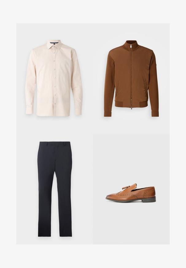 Barna bomberdzseki sima anyagú elülső résszel, bordás kötött ujjaival és gallérjával, két oldalsó zsebbel és cipzáras elülső nyitással.; Világos bézs gombos ing, hosszú ujjak, klasszikus gallér, sima anyag, fehér gombok, mintás belső gallér részlet.; Sötétkék, sima anyagból készült elegáns nadrág. Jellemzője a sima eleje, övhurkok és oldalsó zsebek, valamint a testhezálló, egyenes szabás.; Barna bőr cipő perforált díszítéssel, struktúrálttal, lapos talppal és díszes masnival a felső részen. Klasszikus kialakítás sima felülettel.