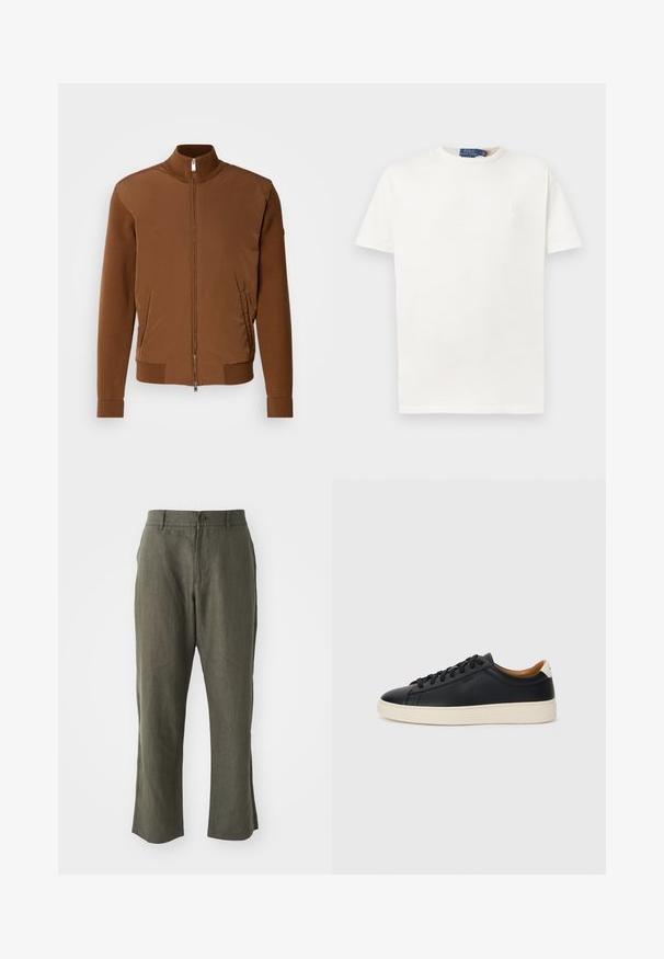 Jachetă bomber maro cu un front din țesătură netedă, mâneci și guler din tricot cu model de țesătură rib, având două buzunare laterale și închidere cu fermoar pe față.; Tricou simplu alb cu mânecă scurtă și guler rotund, cu un logo brodat subtil pe partea stângă a pieptului și eticheta de marcă pe guler.; Pantaloni din in de culoare verde măsliniu, cu croială dreaptă, bucle pentru curea, închidere cu nasture în față și buzunare laterale. Textură netedă, design minimalist.; Căști din piele neagră cu o textură netedă, talpă din cauciuc bej, design cu șireturi și un accent contrastant la călcâi.