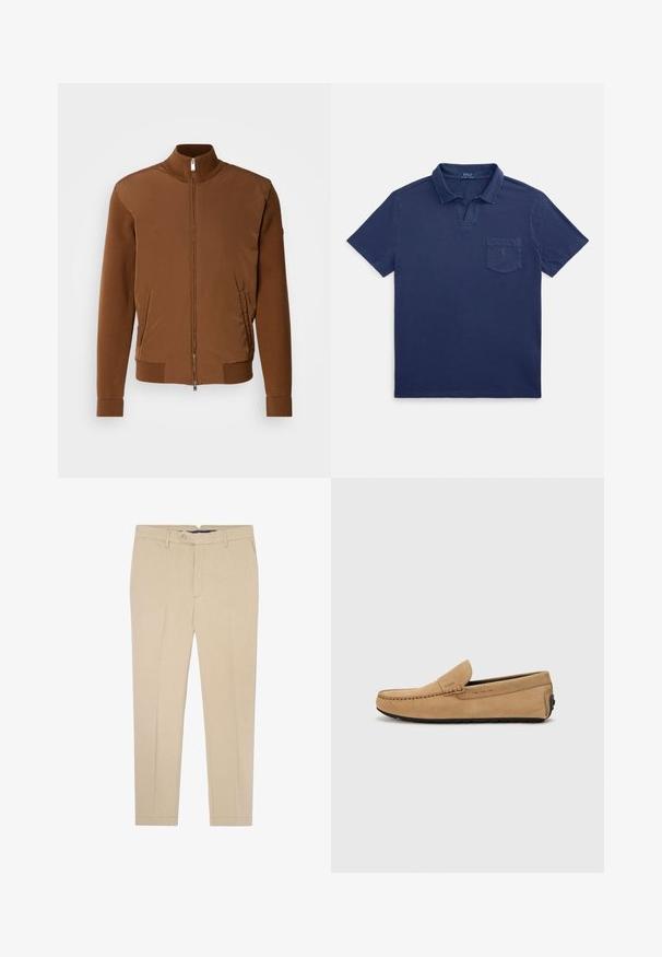 Smeđa bomber jakna s glatkim prednjim dijelom, rebrastim pletenim rukavima i ovratnikom, s dva bočna džepa i patentnim zatvaračem sprijeda.; Tamnoplava pamučna polo majica s preklopnim ovratnikom, kratkim rukavima i prsni džepom s malim logotipom.; Bež pripijene hlače ravnog kroja, s gumbom za zatvaranje, petljama za remen i dva prednja džepa. Pamuk s glatkom teksturom.; Bež mokasinke od suede s ušivenim prstom, dizajnom za lako obuvanje i crnom gumiranom potplatom. Ima diskretnu oznaku s strane.