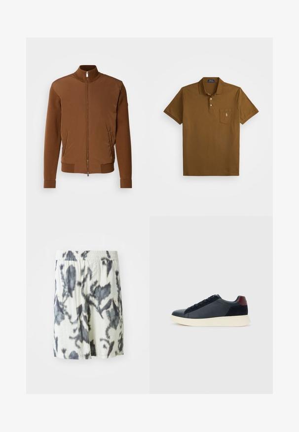 Rjava bomberska jakna z gladkim sprednjim delom, rebrastimi pleteninami na rokavih in ovratniku, dvema stranskima žepoma ter zadrgo spredaj.; Rjava polo majica iz bombaža s ovratnikom, dvema gumboma in žepom na levi strani prsnega koša, ki ima vezeno logo. Kratki rokavi.; Bela kratka hlače s črnimi barvnimi vzorci po tehniki tie-dye, s elastičnim pasom in zračno tkanino za udobje. Ohlapna zasnova in sproščen kroj.; Nizke moške tenisice iz črnega usnja in semiša z vijoličnim petnim delom in belim gumijastim podplatom, prikazane s sprednje strani.