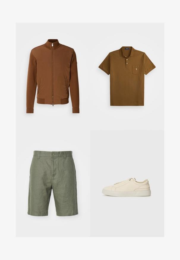 Cazadora bomber marrón con un frente de tejido suave, mangas y cuello de punto acanalado, dos bolsillos laterales y cierre frontal con cremallera.; Polo de color marrón hecho de algodón, con un cuello, tapeta de dos botones y un bolsillo en el pecho izquierdo con un logo bordado. Manga corta.; NN.07 CROWN - Shorts - khaki; Zapatilla de cuero beige con punta redondeada, diseño minimalista, detalles de costura sutiles y parte superior texturizada, sobre una suela clara.