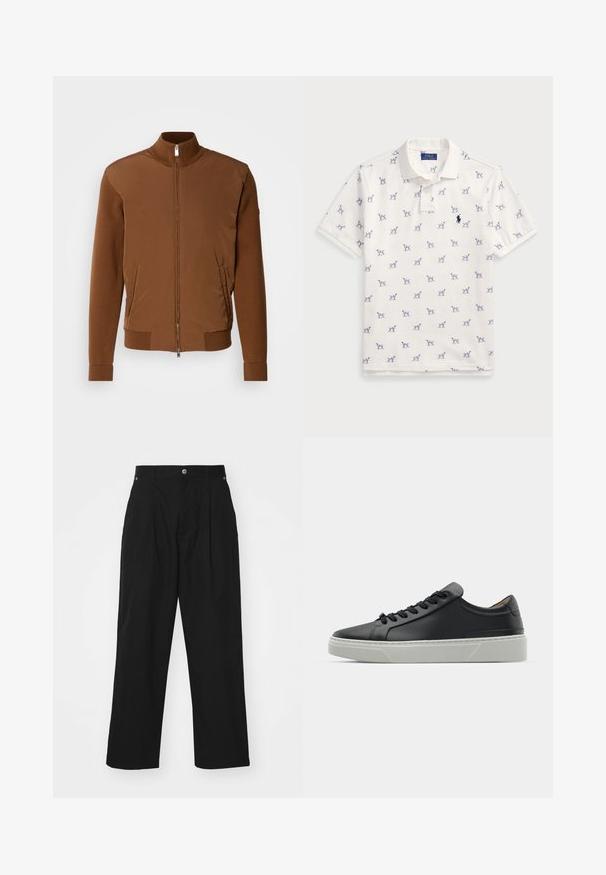 Smeđa bomber jakna s glatkim prednjim dijelom, rebrastim pletenim rukavima i ovratnikom, s dva bočna džepa i patentnim zatvaračem sprijeda.; Bijela polo majica od pamuka, na kojoj se nalazi ponovljeni plavi uzorak pasa i mali plavi logo na prsima. Kratki rukavi i ovratnik.; Crne široke hlače napravljene od lagane tkanine. Imaju kopčanje na dugme, prednje plisirane detalje i dva bočna džepa.; Crne kožne tenisice s glatkom teksturom, okruglim vrhom i crnim čipkastim vezicama. Imaju debeo bijeli gumeni potplat s suptilnim geometrijskim naglascima.