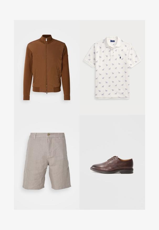 Smeđa bomber jakna s glatkim prednjim dijelom, rebrastim pletenim rukavima i ovratnikom, s dva bočna džepa i patentnim zatvaračem sprijeda.; Bijela polo majica od pamuka, na kojoj se nalazi ponovljeni plavi uzorak pasa i mali plavi logo na prsima. Kratki rukavi i ovratnik.; Bež lanene kratke hlače s ležernim krojem, s kopčanjem na dugme, petljama za remen i glatkom teksturom. Bez vidljivih uzoraka ili akcenta.; Smeđe kožne muške formalne cipele na vezivanje s glatkom završnom obradom i natrpanim potplatom na bijeloj pozadini.