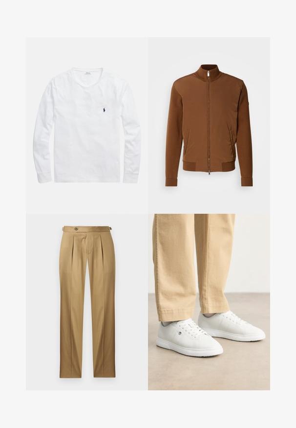 Brun bomberjakke med en glatt stofffront, ribbestrikkede ermer og krage, to sidelommer og glidelås foran.; Hvit langermet t-skjorte laget av bomull. Har rund hals og en liten marineblå logo på venstre bryst. Jevn tekstur, enkelt design.; Beige bukser med rett passform, med folder, knappestenging og beltehemper. Glatt stoff med et rent, skreddersydd utseende.; Hvite lær sneakers med en glatt finish, med rund tå, snøring og subtile logodetaljer på siden, pyntet med beige bukser.