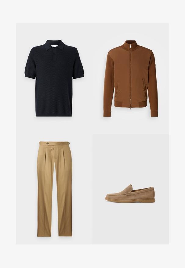 Brun bomberjakke med en glatt stofffront, ribbestrikkede ermer og krage, to sidelommer og glidelås foran.; Svart polo-skjorte med et teksturert zigzag-mønster, kortermet og en krage med to knapper. Laget av et pustende stoff.; Beige bukser med rett passform, med folder, knappestenging og beltehemper. Glatt stoff med et rent, skreddersydd utseende.; Brune semskede slip-on loafers med en glat tekstur og stikninger; har en gummisål for trækkraft.