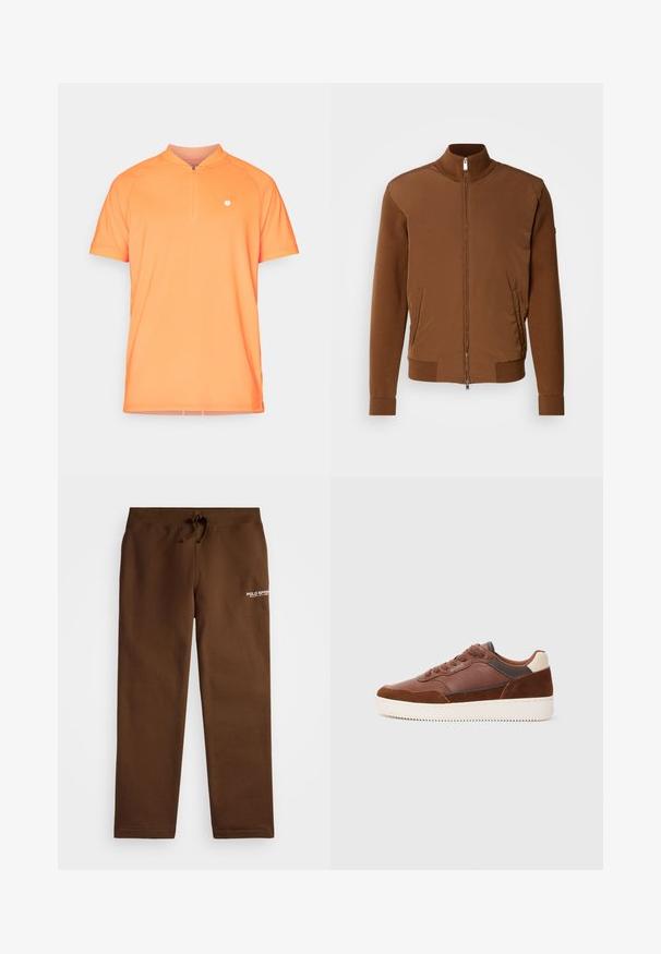 Ruskea pommikonejakku, jossa on sileä kangas etuosa, ribattu neulehihnat ja kaulus, kaksi sivutaskua sekä vetoketjukiinnitys edessä.; Lyhythihainen oranssi polo-paita, jossa on pystykaulus ja puolivetoketju edessä. Vasemmassa rinnassa on pieni valkoinen logo. Tasainen pinta.; Ruske sweatpantsit, joissa on joustava vyötärö, kiristysnauha ja valkoinen brodeerattu "POLO SPORT" -logo vasemmalla puolella.; Ruskosuede ja nahkakengät, joissa on sileät ja teksturoidut paneelit, valkoinen kumipohja ja samansävyiset nauhat. Sivujen reikämuotoilu tuo lisäyksityiskohtia.