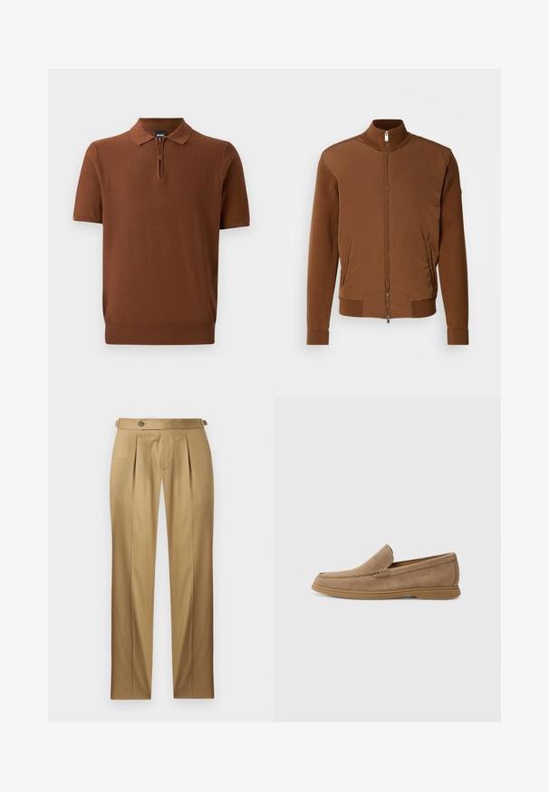 Hnedá bombardérka s hladkým predným materiálom, ribovanými plecami a golierom, dvoma bočnými vreckami a predným zipsom.; Hnedá polo košeľa s krátkym rukávom vyrobená z hladkej pleteniny, s zipom na zapínanie a klasickým golierom. Má priliehajúci lem.; Béžové nohavice s rovný strihom, s plisami, zapínaním na gombík a pútkami na opasok. Hladká látka s čistým, šitým vzhľadom.; Hnedé semišové mokasíny na slip-on s hladkým povrchom a prešitím; obsahujú gumenú podrážku pre lepšiu trakciu.