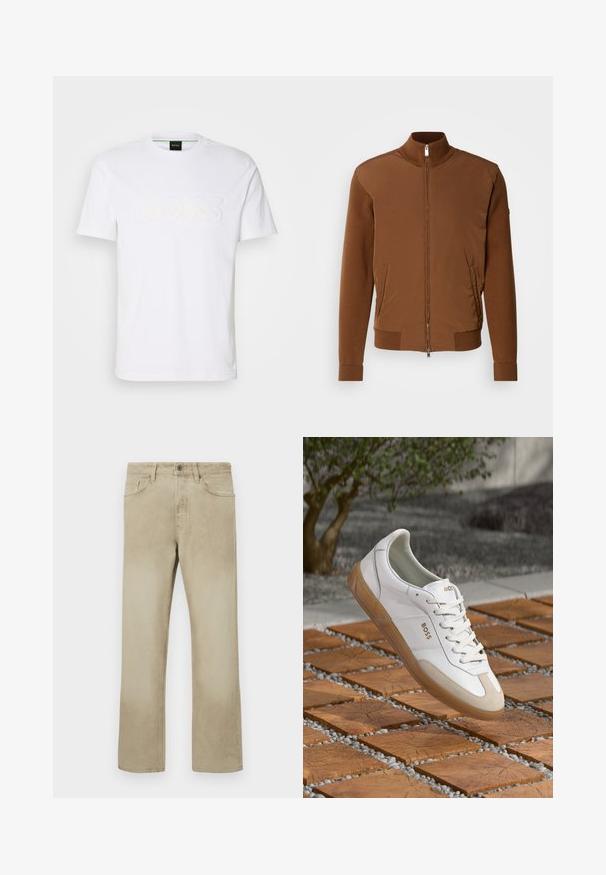 Hnědá bomber bunda s hladkým předním dílem, žebrovanými pletenými rukávy a límcem, dvěma bočními kapsami a zipem na přední části.; Bílý bavlněný tričko s velkým, jemně vyraženým logem "BOSS" v tonálním vzoru. Krátké rukávy a design s kulatým výstřihem.; Béžové bavlněné kalhoty se rovnými nohavicemi, vybavené předními kapsami a klasickým zapínáním na knoflík. Hladký povrch s jemným vymýváním.; Bílé kožené tenisky s béžovými semišovými detaily, s kulatou špičkou, šněrovacím předním dílem a hnědou gumovou podrážkou, zobrazující jméno značky "BOSS."