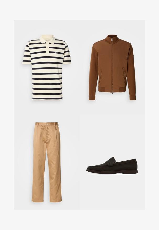 Brązowa kurtka bombka z gładkim materiałem z przodu, prążkowanymi rękawami i kołnierzem, dwiema bocznymi kieszeniami oraz zapięciem na zamek błyskawiczny z przodu.; Polo w paski w kolorze kremowym i granatowym, wykonany z bawełny. Posiada kołnierzyk, zapięcie na dwa guziki oraz haftowane logo na klatce piersiowej.; Spodnie khaki, z mieszanki bawełny, prosty krój nogawki, fałdy z przodu, pętle na pasek i zapięcie na guzik. Gładka tekstura bez wzorów.; Ciemnobrązowe zamszowe wsuwane mokasyny z przeszytym noskiem, niskoprofilową gumową podeszwą i teksturowanymi akcentami na cholewce.