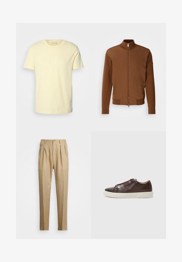 Hnědá bomber bunda s hladkým předním dílem, žebrovanými pletenými rukávy a límcem, dvěma bočními kapsami a zipem na přední části.; GANT TONAL SHIELD - Triko s potiskem - yellow shine; Béžové lněné kalhoty rovného střihu, s dvěma předními sklady, zapínáním na knoflík a bočními kapsami. Strukturovaná tkanina s hladkým povrchem.; Hnědá kožená teniska s kulatou špičkou, kontrastní bílou gumovou podrážkou, šitými detaily a bez viditelných tkaniček. Celkově hladký povrch.