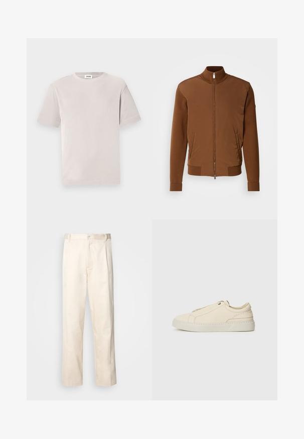 Brązowa kurtka bombka z gładkim materiałem z przodu, prążkowanymi rękawami i kołnierzem, dwiema bocznymi kieszeniami oraz zapięciem na zamek błyskawiczny z przodu.; Jasnoszary prążkowany t-shirt, krótkie rękawy, okrągły dekolt, miękka tekstura, casualowy design, metka widoczna wewnątrz przy kołnierzu.; Beżowe bawełniane spodnie o prostym kroju nogawki, z zapięciem na guziki i plisami z przodu dla dodatkowego zdobienia.; Beżowe skórzane sneakersy z zaokrąglonym noskiem, minimalistycznym designem, subtelnymi przeszyciami i teksturowaną cholewką, na jasnej podeszwie.